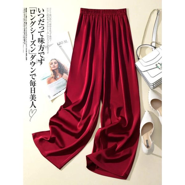 Pantalones De Pierna Ancha De Seda Helada Para Mujer, Verano, Cintura EláStica, Pantalones Rectos De SatéN, Lisos, Casuales, Holgados, Pantalones De Acetato Para Mujer S Rojo Vino-image