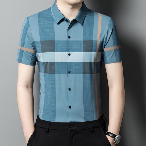 Nowa MęSka Koszula Z KróTkim RęKawem Letnia Moda Koszula W Kratę MłOdzieżOwa I Dla ŚRedniego Wieku Casual Pół RęKawa Klasyczna Odzież MęSka 4XL Gray-image