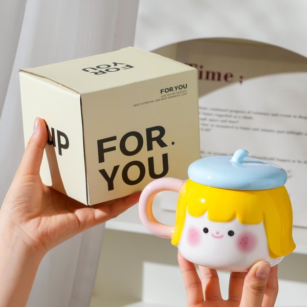 Taza De CeráMica De NiñA Linda Taza De Aspecto Elevado Regalo De CumpleañOs Recuerdo Taza Creativa Con Tapa Taza De Café 450Ml-image