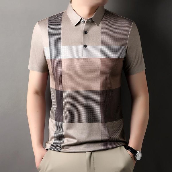 Camiseta De Verano Para Hombre Camiseta De Solapa De Manga Corta Camiseta Polo De Media Manga Para Hombre De Mediana Edad Casual Nuevo Top A Cuadros Xxxl Gray-image