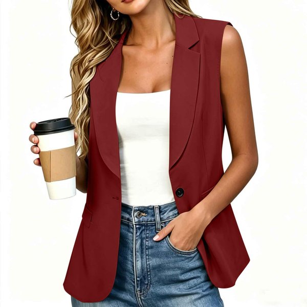 Chaleco Blazer Sin Mangas Para Mujer Botones Delanteros Bolsillo Cuello En V Corte Entallado Ropa Exterior Ligera Para Oficina Casual Y Formal XXL Brown-image