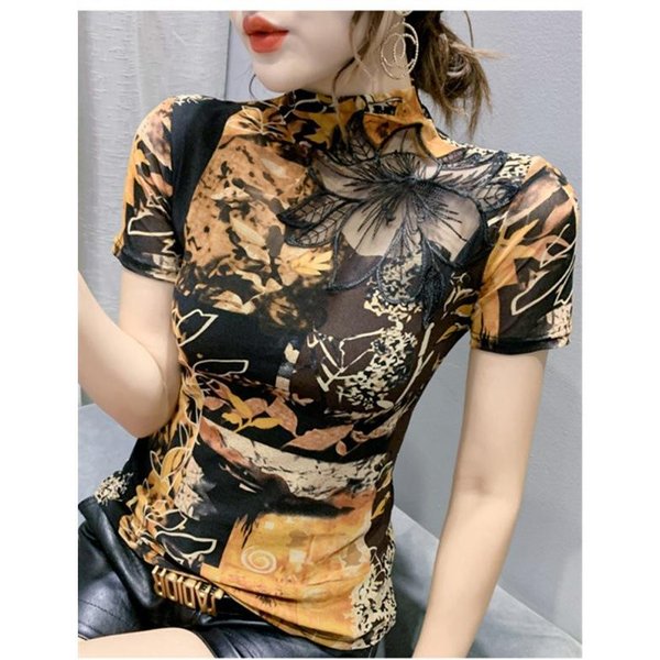 Camiseta De Malla Hueca De Manga Corta Para Mujer Primavera Y OtoñO Nueva Camiseta Base Top Estampado Sexy Camiseta De Cuello Medio Alto 3XL Gray-image