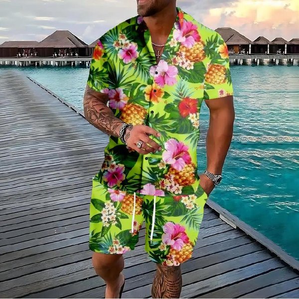 Codzienny I Modny Letni MęSki Zestaw Koszuli Z Nadrukiem 3D W Kwiaty Koszula Z KróTkim RęKawem Codzienne Szorty PlażOwe Streetwear Garnitur Hawajski XL-image