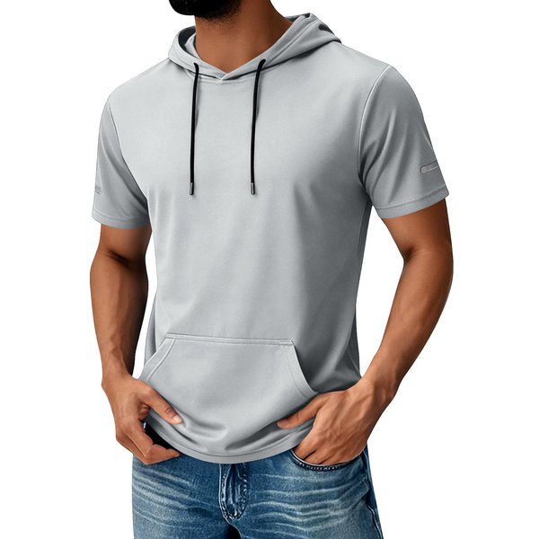 MęSki Top Z Kapturem I Kieszenią MęSki Casualowy Sportowy Top Z KróTkim RęKawem SzybkoschnąCy Xxxl Light W Kolorze Szarym-image