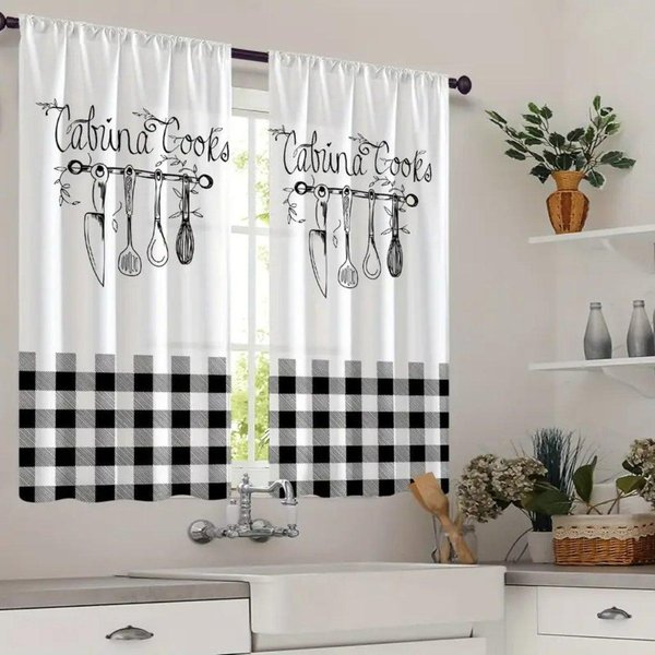 2 Cortinas De Cocina Estilo Granja, Cenefa Con Bolsillo Para Varilla, Cortinas Estilo CafeteríA, Tratamiento De Ventanas Para Cocina 50W160H(Cm)X2Panel&Grommet Top-image