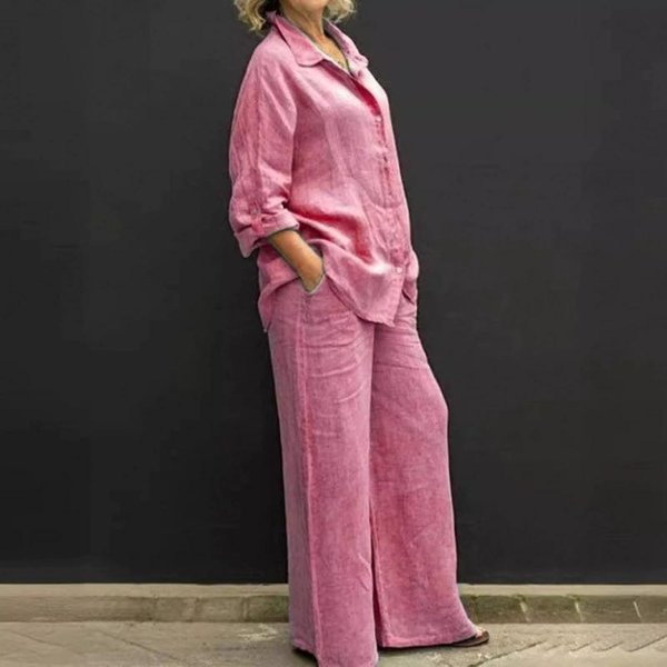 Lniany Zestaw DwuczęśCiowy Z Klapami Jesień Vintage Jednolity Kolor DłUgi RęKaw Koszula Zapinana Na Guziki Bluzka Kobiety Casual LuźNy Prosty Garnitur Spodnie L Pink-image