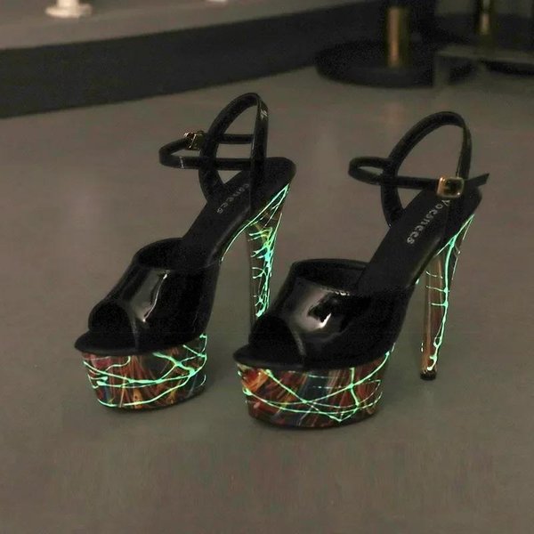 Lakierowane Szpilki Damskie SandałY Na Platformie Super Wysokie CzółEnka Fluorescencyjne Punkowe SandałY But Do TańCa Na Rurze Women88 43 Black-image