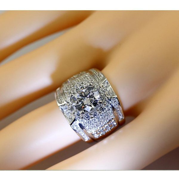 Anillos De Lujo Con Incrustaciones De Diamantes Para Hombre Y Mujer, De Estilo Europeo Y Americano, De Plata De Ley Chapada En Oro Blanco. No. 13-image