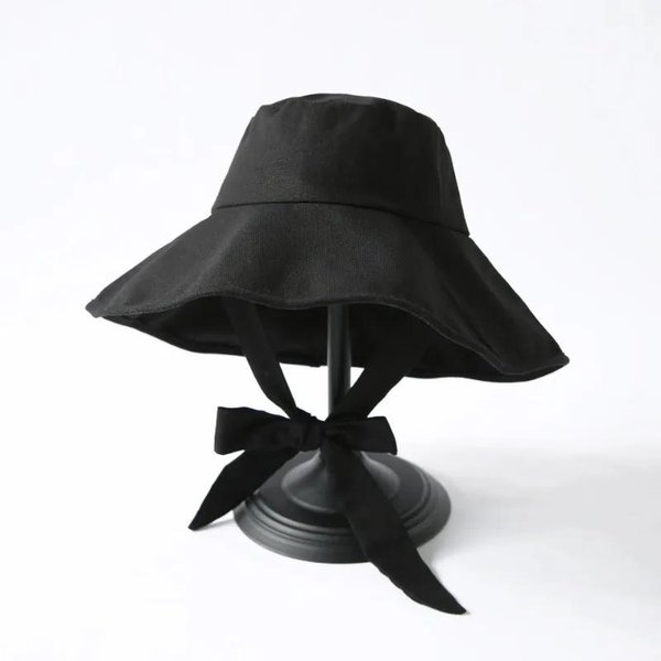 Sombrero De Cubo Con Lazo Primavera Verano Mujer Ala Ancha Sombrero De Pescador Plegable Protector Solar Chic AlgodóN Lino Playa Sombrero De Sol Negro-image