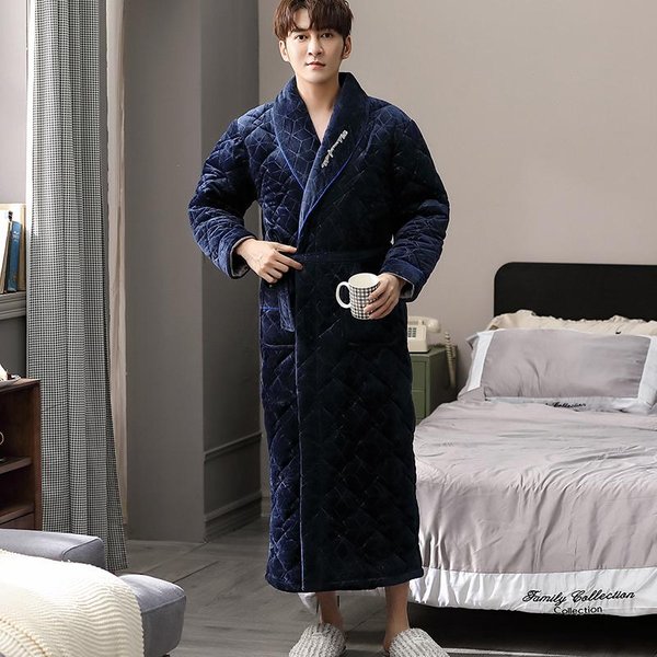 Gruby 3-Warstwowy CiepłY Zimowy Szlafrok MęSki MięKki Flanelowy Pikowany DłUgi Szlafrok Kimono MęSki Szlafrok MęSki Koralowy Polarowy Szlafrok 2XL Black-image
