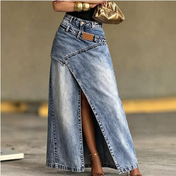 Falda Larga De Mezclilla Lavada Cintura Alta Abertura Frontal AsiméTrica Falda Larga De Jean Parche Irregular Falda Larga De Mezclilla Casual Para Mujer XXL Azul-image