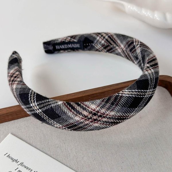 Modny Elegancki Kraciasty Opaska Do WłOsóW Z Ramką Dla Kobiet Retro Szerokie Boczne Opaski DziewczęCe Na Imprezę ŚWiąTeczną Akcesoria Do WłOsóW Gray-image