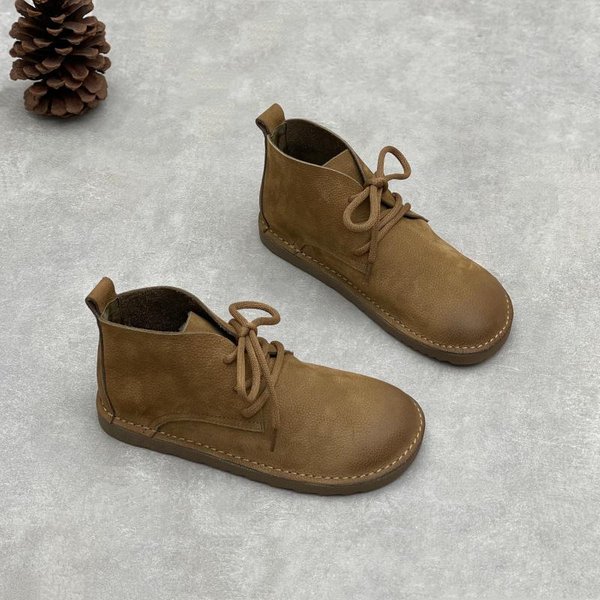 Johnature Damskie Buty Ze SkóRy Naturalnej MięKka SkóRa BydlęCa OkrąGłY Nosek Retro MięKka Podeszwa Sznurowane PłAskie KróTkie Buty 35 Khaki-image