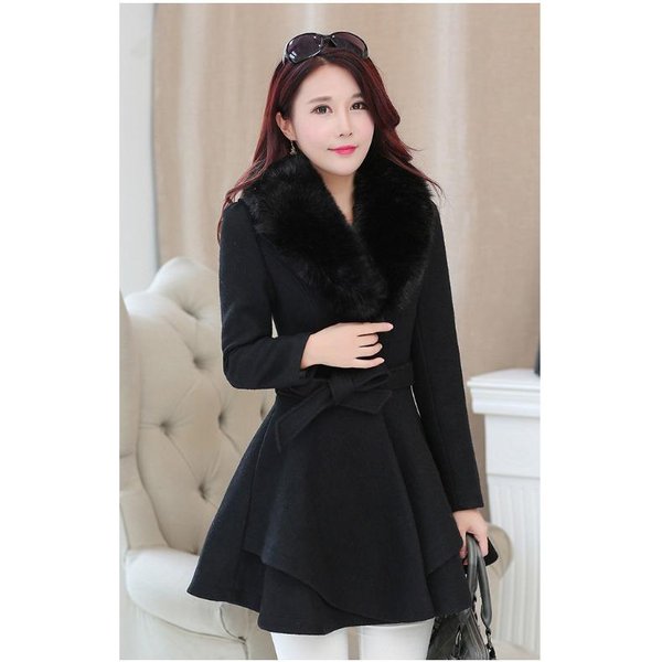 Abrigo De Lana Nuevo Para Mujer OtoñO E Invierno Cuello De Piel Abrigo Nizi Estilo Coreano Slim Top 2XL Negro-image