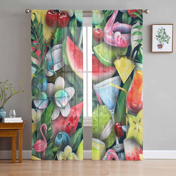 Cortinas Transparentes De Frutas De Verano SandíA Rojo Verde Para DecoracióN De Sala De Estar Cortinas De Ventana Cocina Tul Voile Organza Cortinas W135 X H115Cm X1&Grommet Top-image