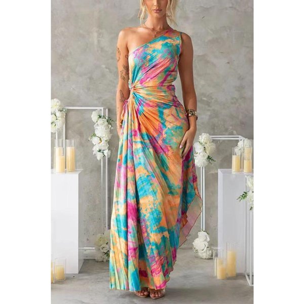 Vestido Largo De Mujer De Un Hombro Sin Mangas Ajustado De Cintura Media Con Estampado De Cebra Plisado Vestido De Verano 2XL-image