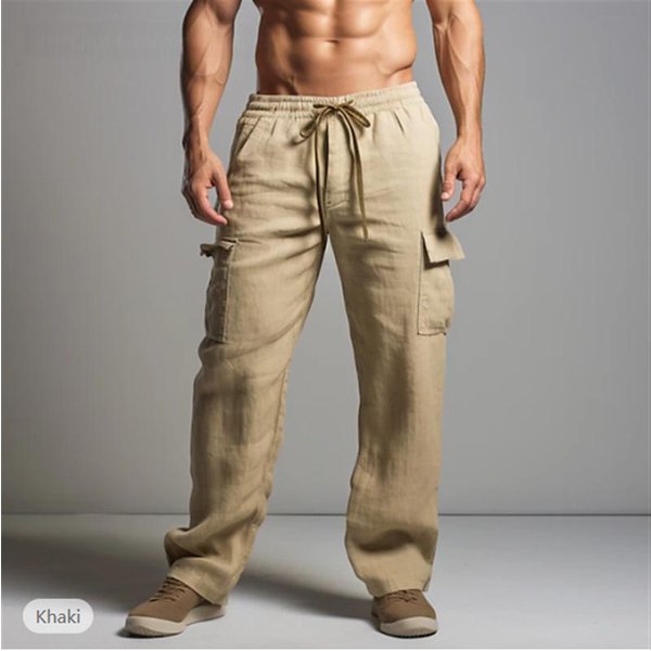 Pantalones De Hombre Casuales Sueltos Ligeros Con CordóN EláStico En La Cintura Verano Yoga Playa Rectos Para Hombre Pantalones Transpirables Con Bolsillos XL Caqui-image