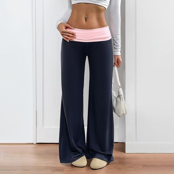 Pantalones De CháNdal Para Mujer Bloque De Color Tiro Bajo Cintura Plegable Pierna Ancha Holgados L Azul Oscuro-image