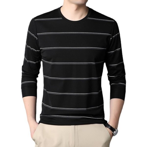 Nueva Camiseta De Manga Larga Para Hombre De Primavera, Casual Para JóVenes Y Mediana Edad, Cuello Redondo, Rayas Finas, Camiseta BáSica 4XL Black-image