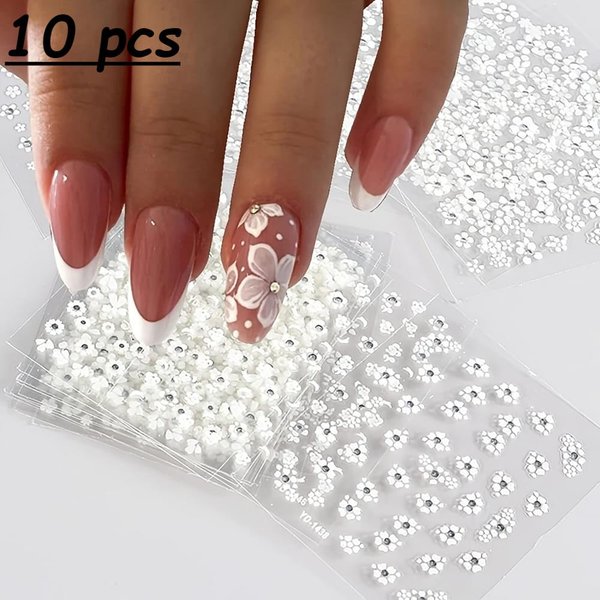 10 Hojas De Pegatinas De Flores Blancas Para UñAs - CalcomaníAs Autoadhesivas Con Elegantes DiseñOs Florales Negros Y Rosas, Perfectas Para Arte De UñAs-image