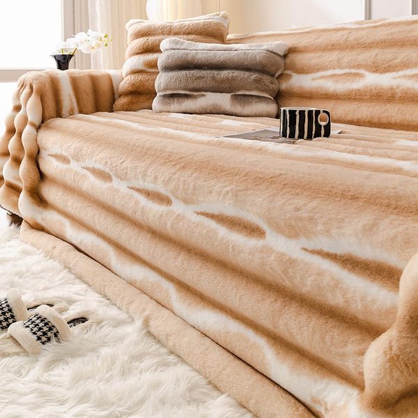 Funda De Sofá De Felpa De Conejo Estilo Crema, Gruesa Y CáLida, Con CojíN Para Asiento De Sofá, Toalla De Sofá De Una Pieza Antideslizante. 180*130Cm-image