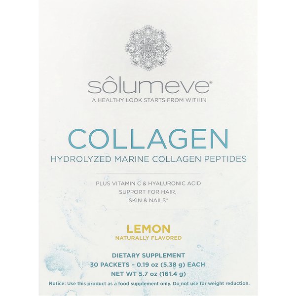Solumeve, PéPtidos De ColáGeno Marino, Con Vitamina C Y ÁCido HialuróNico, Sabor LimóN, 30 Sobres, 5,38 G (0,19 Onzas) Cada-image