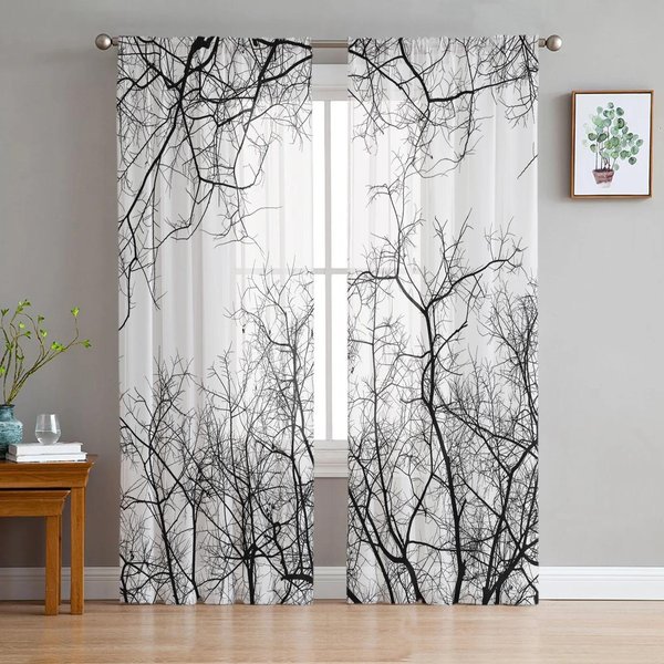 Czarne BiałE GałęZie Przezroczyste ZasłOny Idealne Do Sypialni Dekoracji Salonu ZasłOna Na OtwóR Okienny Do Kuchni ZasłOny Z Tiulu Woalu Organzy W135 X H115Cm X1&Rod Pocket-image