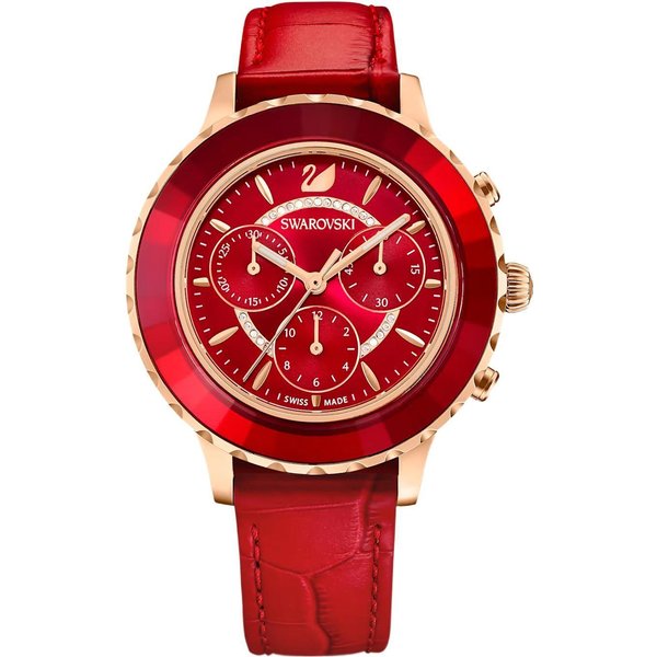 Reloj Swarovski Octea Lux Chrono Movimiento De Cuarzo Correa De Cuero Esfera Roja Resistente Al Agua 50M Relojes Para Mujer 5646975 Red Watch Dial-image