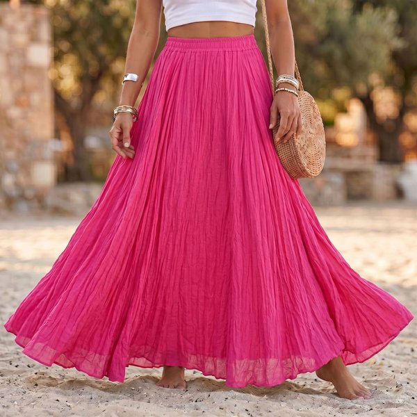 Falda Larga Suelta Plisada Para Mujer Cintura EláStica Mezcla De AlgodóN Y Lino Maxi Falda Dobladillo Acampanado Falda Casual Estilo Boho Para Uso Diario XL De Rosa Caliente-image