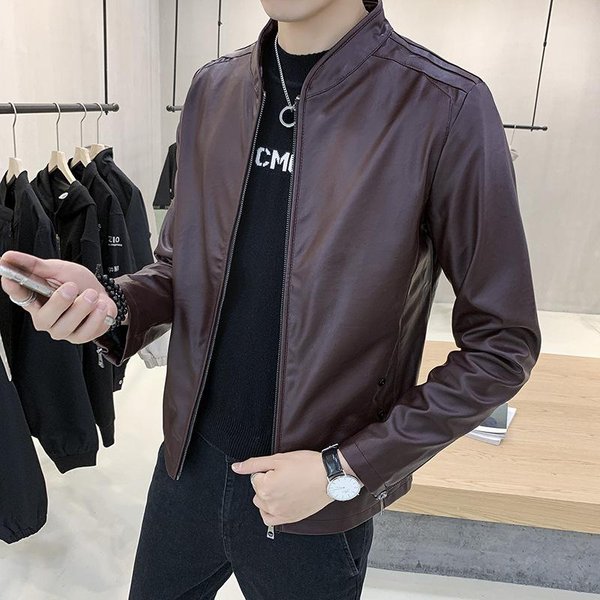 Chaqueta De Cuero Para Hombre Joven Corta De Motociclista Atractiva Casual Cuello Alto Chaqueta Fina De Cuero 6XL Gray-image
