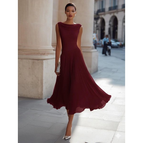 Damska Sukienka Maxi Bez RęKawóW Z Dekoltem Typu Cowl Dopasowana WcięCie W Talii Elegancka Plisowana Jednolity Kolor Sukienka Na Imprezę Wakacje ŚLub XL Burgund-image