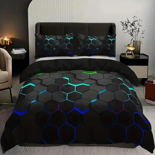 Juego De Ropa De Cama GeoméTrico Colorido - Funda NóRdica Con Funda De Almohada Para Cama Individual Doble NiñOs Adultos Opciones De TamañO Individual Doble Queen King Disponibles EU Single(135X200Cm) Black-image