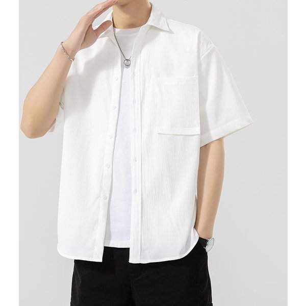 Camisa De Color SóLido De Manga Corta Para Hombre Chaqueta Estilo Herramienta Casual VersáTil Holgada Solapa Sin Planchar XL White-image