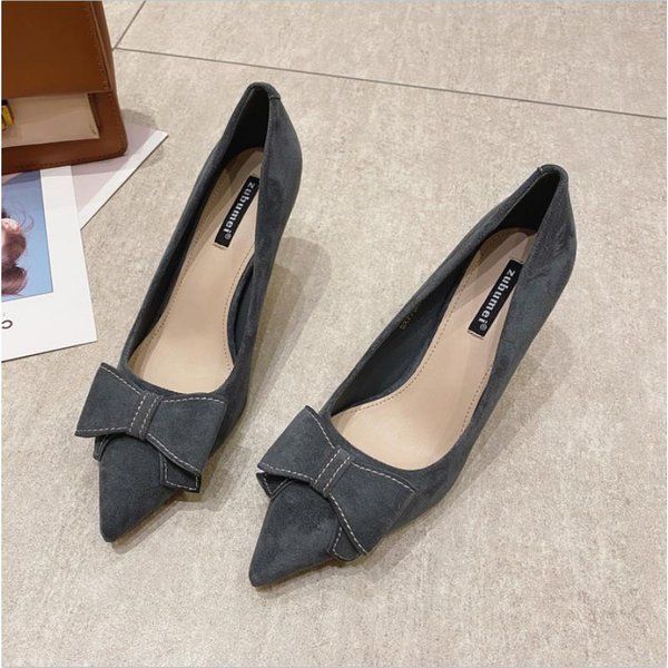 Zapatos De TacóN Alto Para Mujer, Nuevos Zapatos De TacóN Alto Con Punta De Aguja Y Lazo De Boca Baja 39 Gray-image