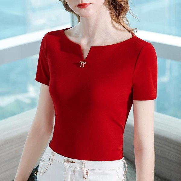 Camiseta De Manga Corta Para Mujer Verano Nueva Ropa De Mujer PequeñO Escote En V Hombro úNico Camiseta De AlgodóN Ajustada A La Cintura Top De Color Liso 3XL Rojo-image