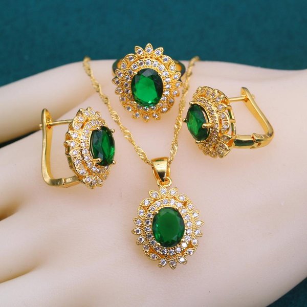 Nuevos Conjuntos De JoyeríA Chapados En Oro Con Circonita Verde Para Mujeres Pendientes De Cristal Collar Anillo Ajustable Pulsera Regalo De Boda Resizable Beige-image