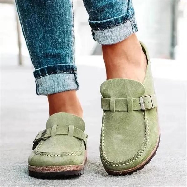 Kapcie Damskie OkrąGłY Nosek Zapinane Buty Retro Wsuwane MułY Panie Wygodne PłAskie Damskie Codzienne Letnie PłAskie Chodaki Mujer 41 Zielony-image