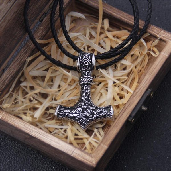 Punkowa Stal Nierdzewna Norse Wikingowie Amulet Wisiorek Sznurek Kolor ZłOty Odyna MłOt Thora ŁAńCuszki Naszyjniki MęSka BiżUteria Etniczna Prezenty 60CM Brown-image