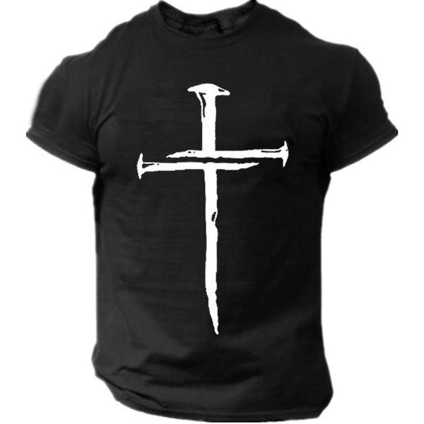 Camiseta De Verano Para Hombre Con Cuello Redondo, Estampado 3D De Cruz, Moda Casual, Manga Corta XL Black-image