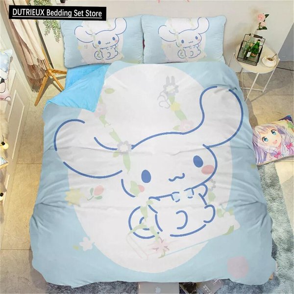 KreskóWkowa Poszewka Na KołDrę Cinnamoroll Kawaii Dla NastolatkóW I Dzieci Kolekcja PośCieli Urocza Poszewka Na KołDrę Poliester Rozmiar Twin, Queen, King Dekoracja Sypialni 150X200Cm 3Pcs-image