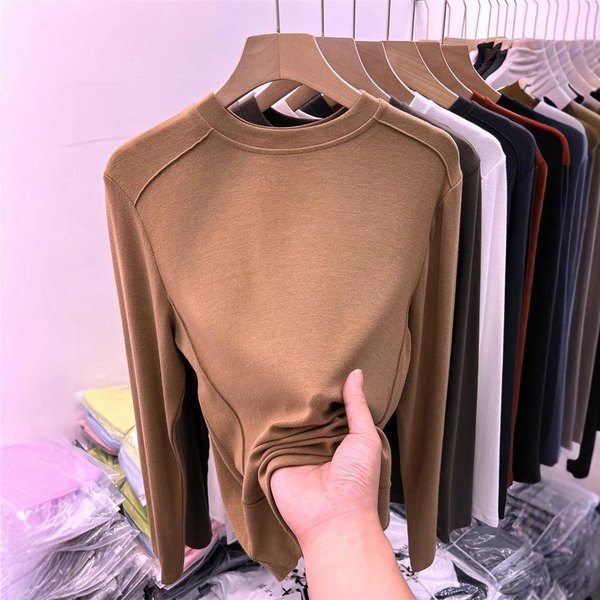 Camiseta Interior De Mujer, Nuevo Estilo De OtoñO E Invierno, Camiseta De Manga Larga, Top De Color SóLido Para Estudiante, CáLido Y A La Moda Para Mujer 2XL MarróN-image