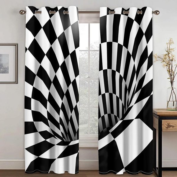 Zawrotna Iluzja Czarno-BiałA Kratka Abstrakcyjne Grube ZasłOny Okienne Do Salonu Sypialni Dekoracja Domu ZasłOna Wysoko ZaciemniająCa W55 X H120Cm X 2&HOOK-image