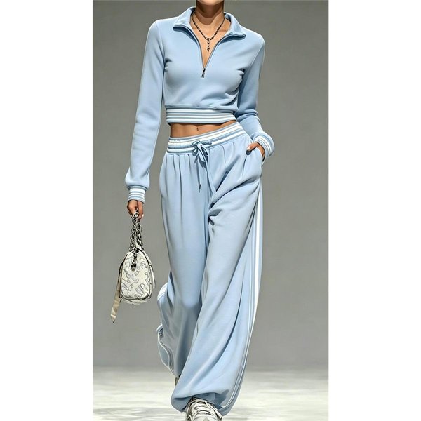 Conjunto Deportivo De Dos Piezas Para Mujer Solapa Media Cremallera Top Corto Cintura Rayada Pantalones De Pierna Ancha Conjunto Casual Deportivo Para Mujer XXL-image