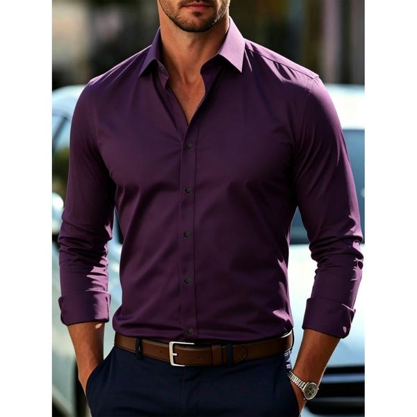 Camisa De Oficina Para Hombre De Manga Larga Holgada De Color SóLido L PúRpura-image