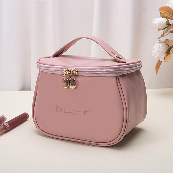 Bonito Neceser De PU Para Mujer Organizador De ArtíCulos De Aseo Impermeable Viaje Maquillaje Bolsa Femenina Gran Capacidad PortáTil Estuche CosméTico Color Rosa-image