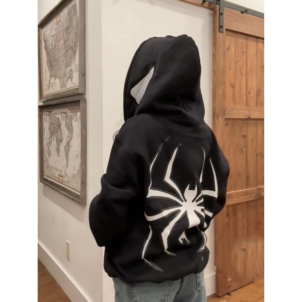 Y2K Damskie Bluzy Z Kapturem Z Nadrukami PająKóW Damskie Hip Hop Zipper Kurtka Z DłUgim RęKawem PłAszcze Jesienno-Zimowa Harajuku Casual LuźNa Bluza Z Kapturem S Black-image