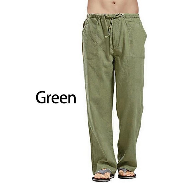 Ropa De Calle De OtoñO Para Hombre, Pantalones Con Cintura EláStica, Pantalones Sueltos, Pantalones Rectos De Fiesta, Pantalones De Lino De Talla Grande L Verde-image