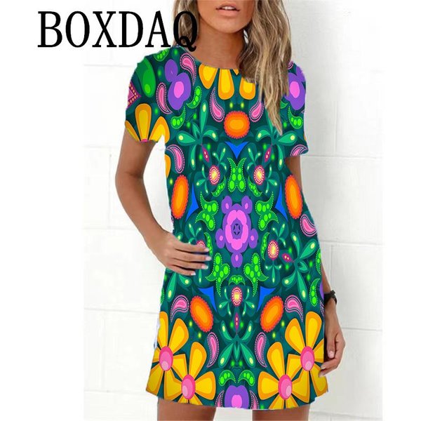 Kwiecista Sukienka Damska Retro Hippie Lata 60 Elegancka KróTki RęKaw LuźNa Sukienka Codzienna Moda Oversize Letnia Damska Drukowana Mini Sukienka M Brown-image