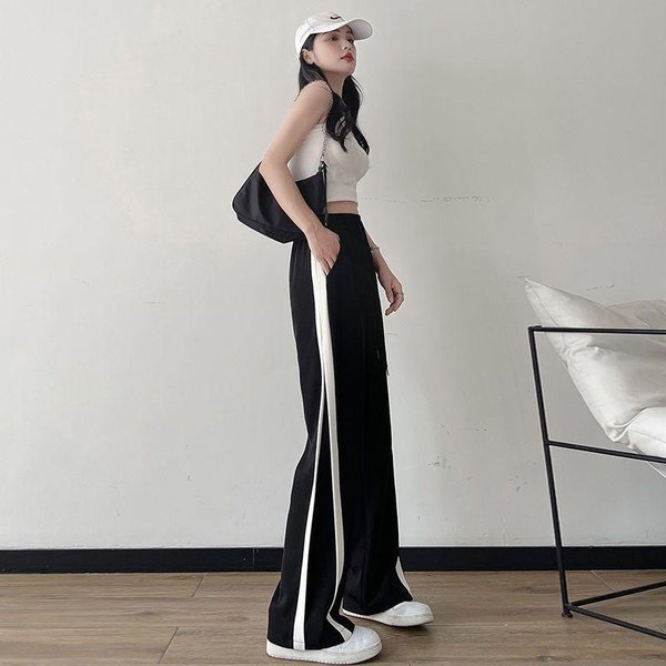 Pantalones De Mujer Pantalones Negros De Seda De Hielo Cintura Alta Pierna Ancha Rectos Casuales Talla Grande Pantalones Deportivos A Rayas 4XL Negro-image