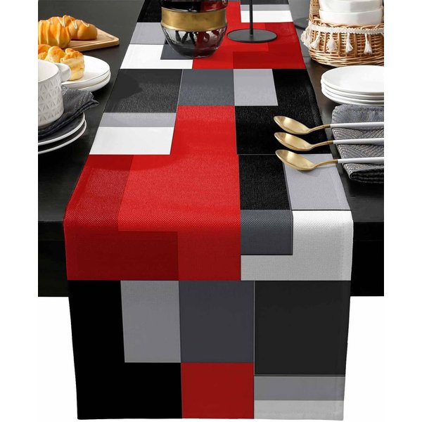 Camino De Mesa GeoméTrico De Lino Rojo Negro DecoracióN Del Hogar Lavable Bloques De Color Gris Blanco Caminos De Mesa DecoracióN De Mesa De Cocina Y Comedor 150X33Cm-image